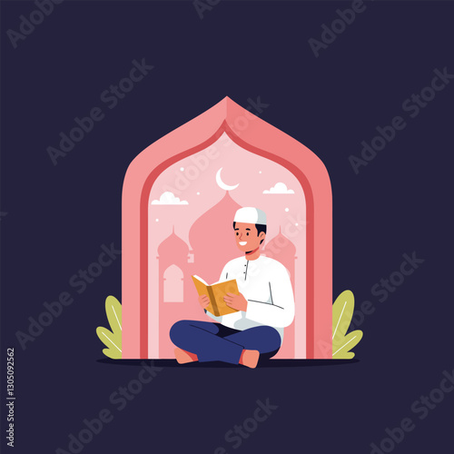 Person Reading Book Sitting in Archway with Moon and Mosque