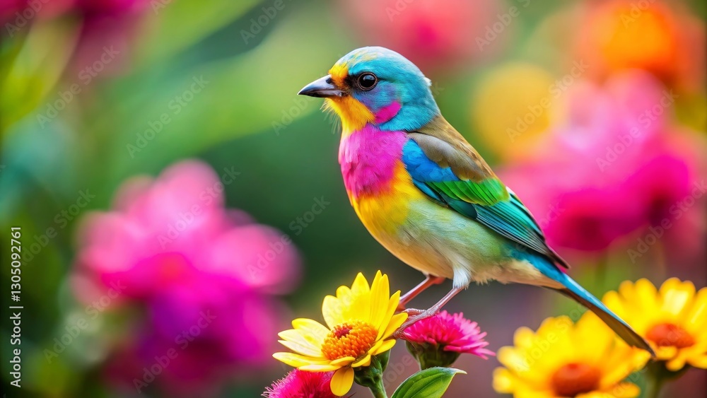 Vibrant Avian Amidst a Rainbow of Blossoms, a Delightful Scene of Nature's Colorful Artistry Vibrant Avian Amidst a Rainbow of Blossoms, a Delightful Scene of Nature's Colorful Artistry