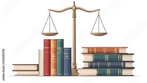 A digital illustration depicting a set of scales of justice, rendered in gold or bronze tones, positioned centrally.  Two stacks of books, varying in color and size, are arranged on either