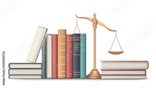 Digital illustration depicting a flat lay arrangement of several books of varying sizes and colors, stacked horizontally.  A golden-colored scale of justice is centrally positioned between