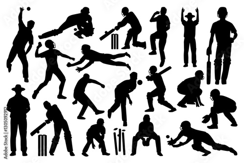 Set of cricket players silhouette on the field. Black and white Vector Illustration
