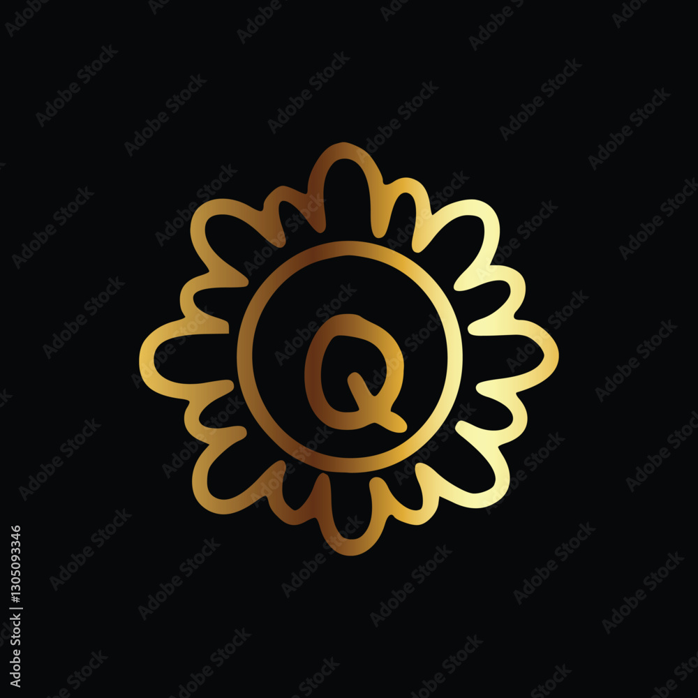Golden letter Q monogram in floral badge style in black background luxury emblem design Golden letter Q monogram in floral badge style in black background luxury emblem design