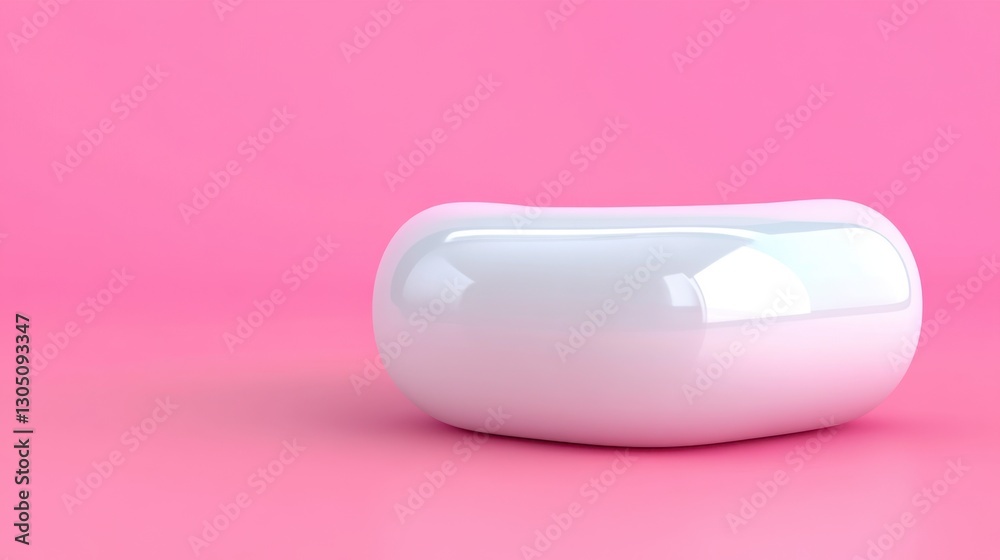 White glossy object, bean shaped, sits on a pink background. Minimalist product display, clean lines, studio lighting. 3D render. White glossy object, bean shaped, sits on a pink background. Minimalist product display, clean lines, studio lighting. 3D render.