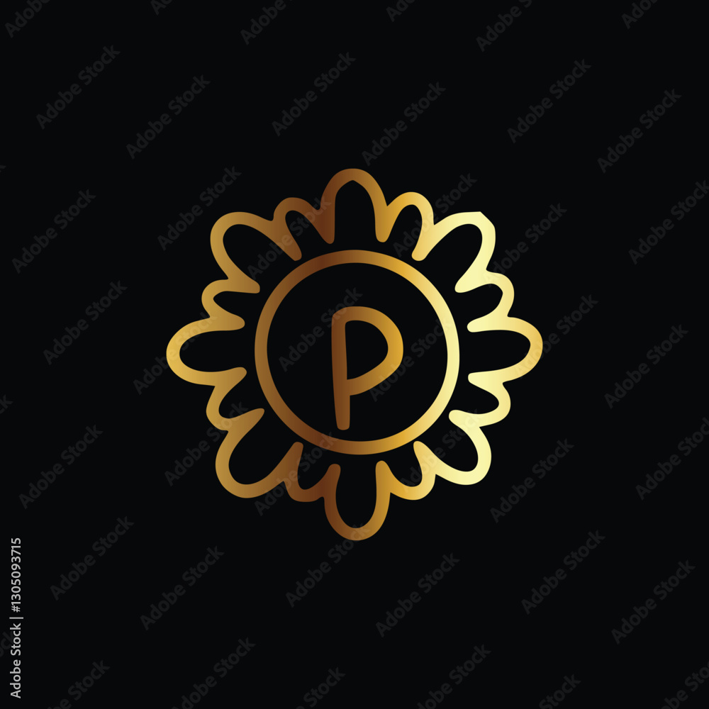 Fototapeta premium Golden letter P monogram in floral badge style in black background luxury emblem design