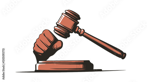 A vector illustration depicting a wooden gavel about to strike a clenched fist resting on a block. The style is simplified and stylized, with muted orange and brown tones. The image is