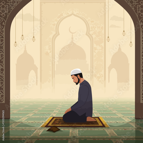 Man Praying in Mosque Interior Illustration in Beige Color Palette