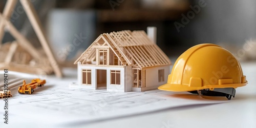 Blueprint of Dreams: A miniature house under construction rests on architectural blueprints beside a yellow hard hat, suggesting new beginnings and the planning stages of a home photo