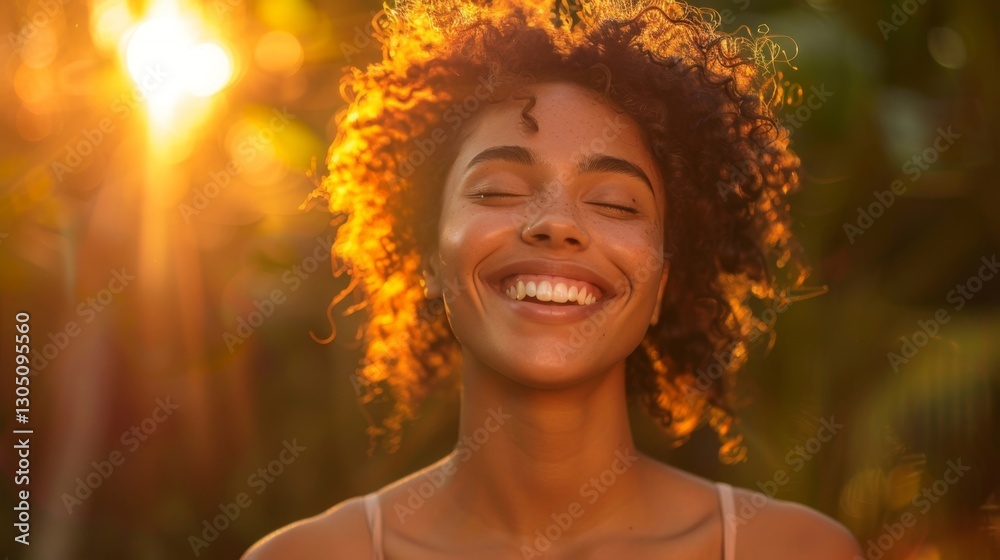 Joyful moment captured during golden hour with a woman smiling in lush outdoor setting filled with warmth and positivity
