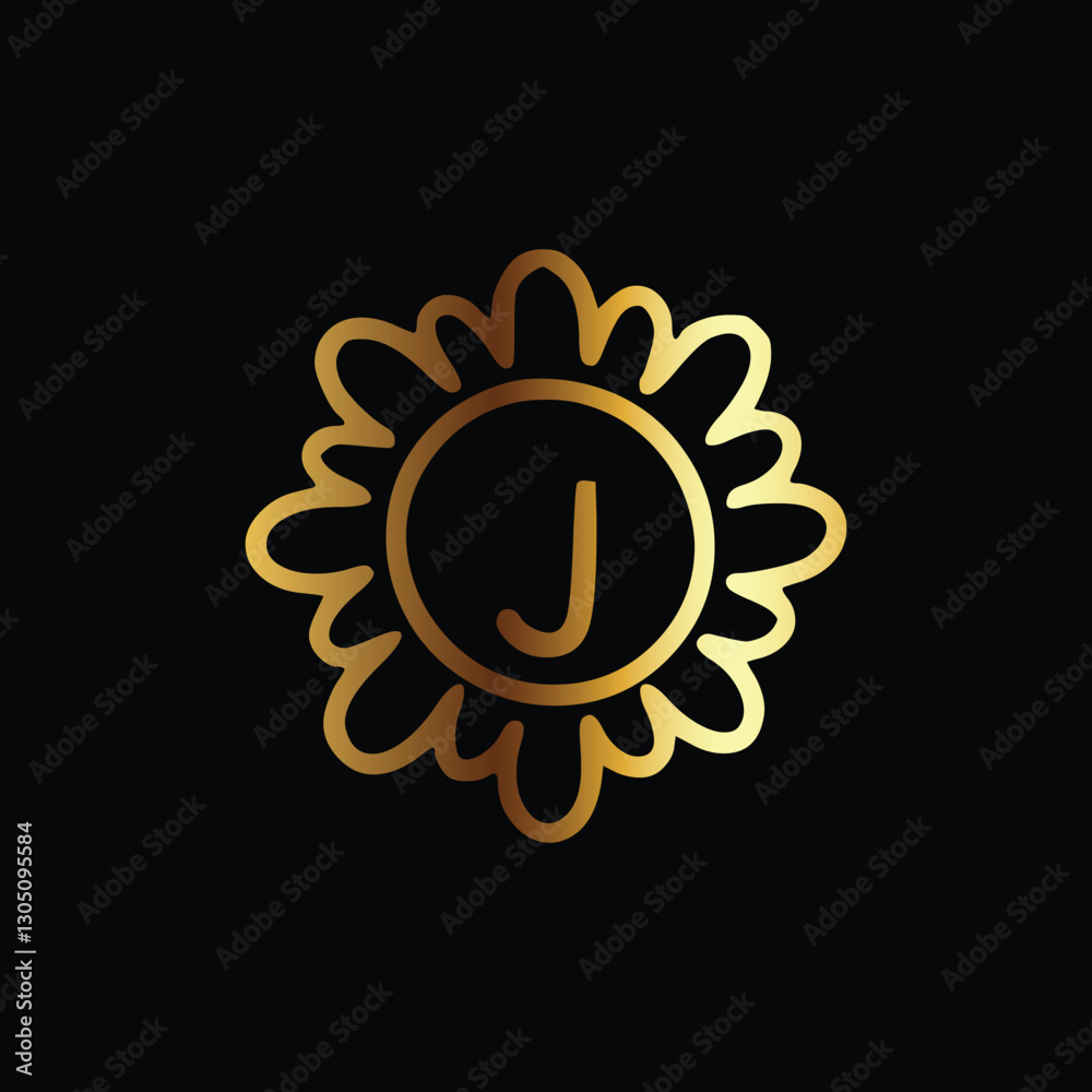 Fototapeta premium Golden letter J monogram in floral badge style in black background luxury emblem design 