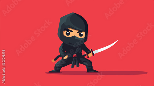 Professional Vector Illustration of Adorable Tiny Ninja in Traditional Ninja Attire Attacking