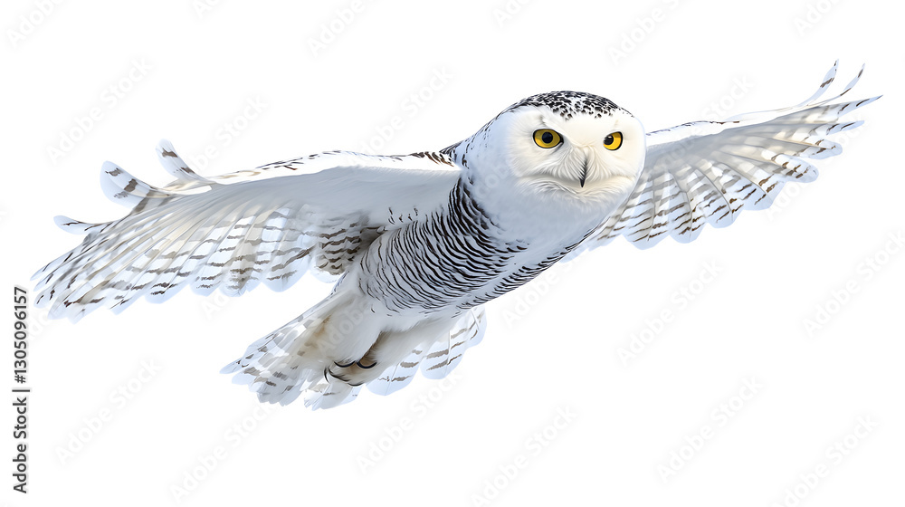 Fototapeta premium Snowy owl flying over an Arctic landscape, silent and ghostly