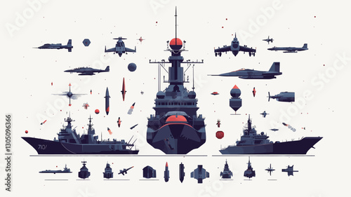 The image is a vector illustration featuring a central large military vessel, surrounded by smaller silhouettes of various aircraft and weaponry.  The style is flat design, utilizing dark