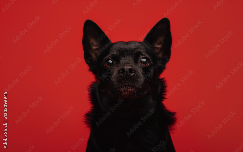 Obraz premium Schipperke dog on minimalistic colorful background with Copy Space. Perfect for banners, veterinary ads, pet food promotions, and minimalist designs.