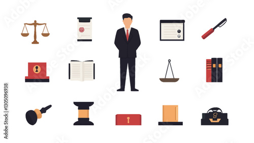 The image contains a collection of flat-design icons representing various aspects of law and justice.  The icons are rendered in a simplified, two-dimensional style, utilizing a limited