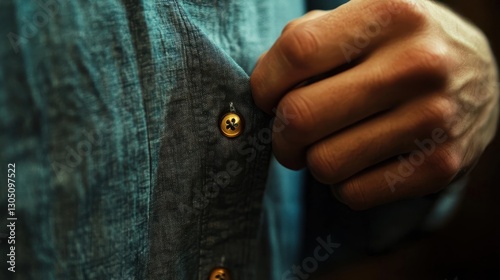 A hand fastening a shirt button on a collared garment
