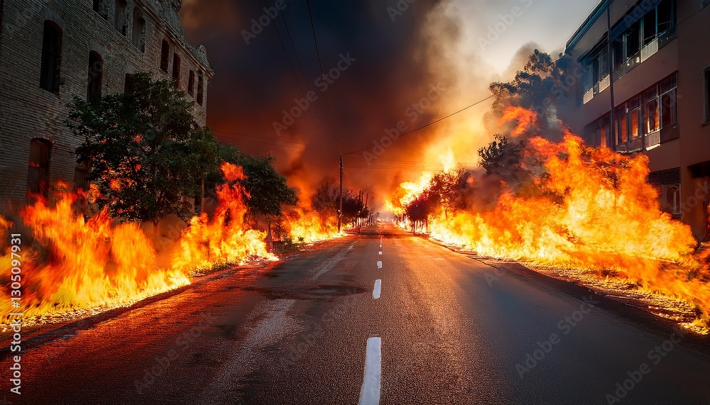 A street blazing with fire