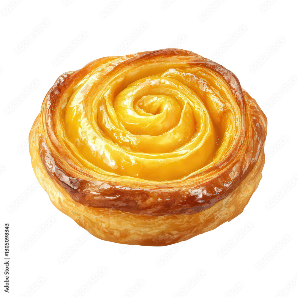 Fototapeta premium Golden Pastry Swirl: A delicious close-up showcases a beautifully baked pastry with a captivating swirl design, radiating warmth and tempting flavors.