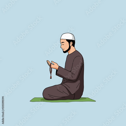 Man Praying with Beads Illustration on a Green Mat in Peace