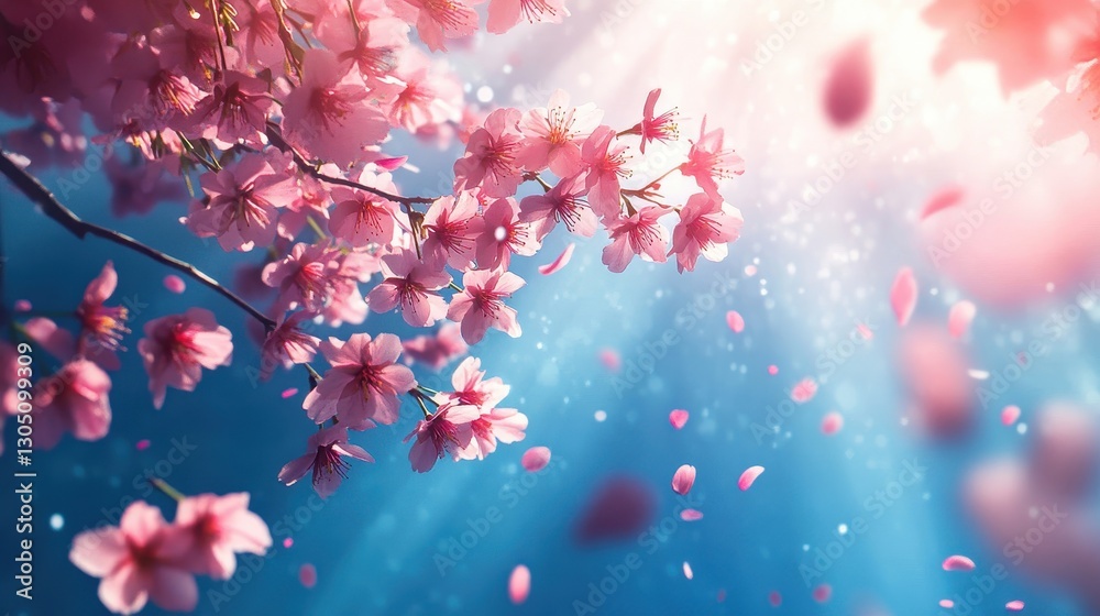 Fototapeta premium Cinematic cherry blossom background with glowing petals under a misty golden sunset sky