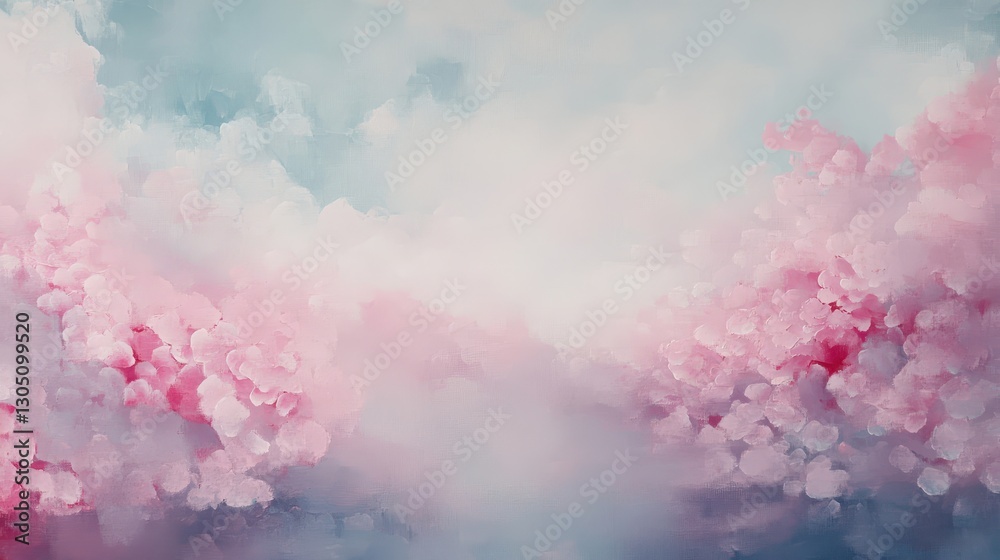 Fototapeta premium Translucent pink cherry blossom petals dissolve into a misty sky in this surreal backdrop