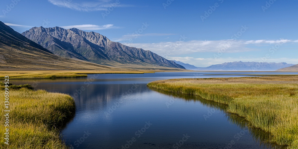 A serene landscape featuring rolling mountains, a calm river, and golden grasses under a clear blue sky, evoking tranquility and natural beauty. A serene landscape featuring rolling mountains, a calm river, and golden grasses under a clear blue sky, evoking tranquility and natural beauty.
