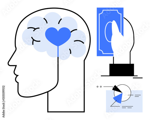 Brain with heart symbolizing emotional intelligence, hand offering money as generosity concept, chart suggesting data-driven decisions. Ideal for finance, psychology, mindset, philanthropy, analysis