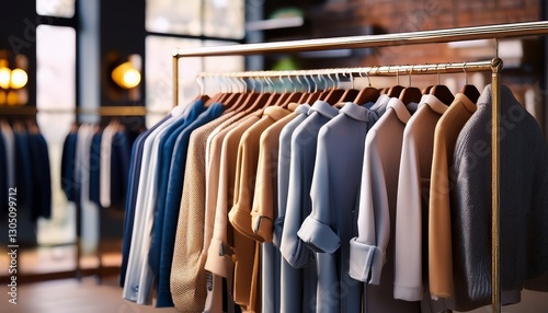 Clothing displayed in a store on clothing rails