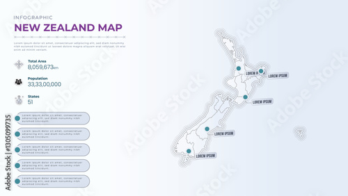 Total Area, Papulation, States & More Detailed Infographic Map of New Zealand. New Zealand country map infographic colored vector template with regions and pointer marks.