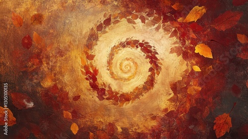 Golden and crimson autumn leaves swirl in a hypnotic spiral against a glowing horizon