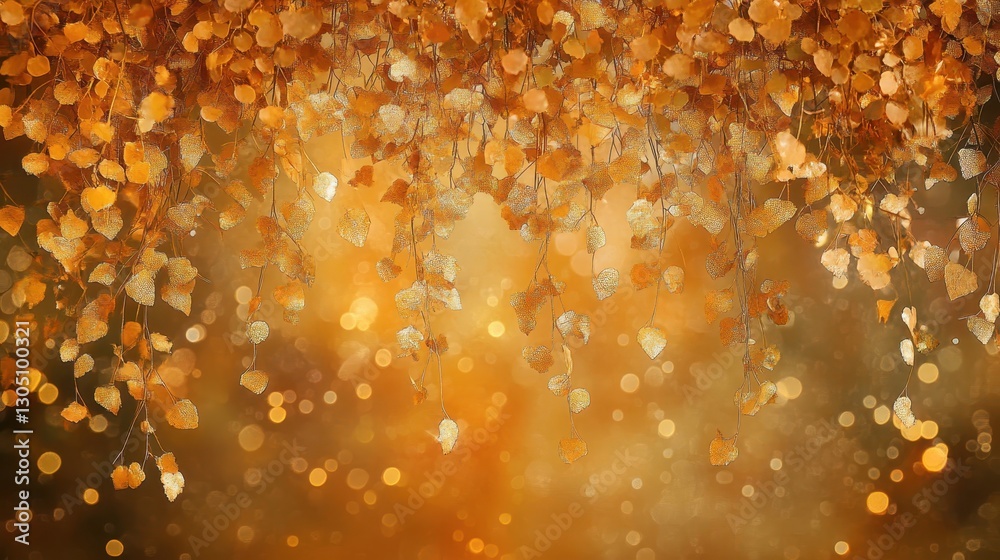 Golden autumn leaves descend like gentle rain softly blurred against a glowing amber background Golden autumn leaves descend like gentle rain softly blurred against a glowing amber background