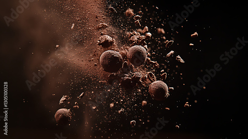 Suspended rocks and debris with dust particles in mid-air, dynamic scene showcasing natural elements and textures