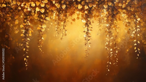 Whimsical autumn leaves backdrop with golden foliage descending against a warm glowing amber background