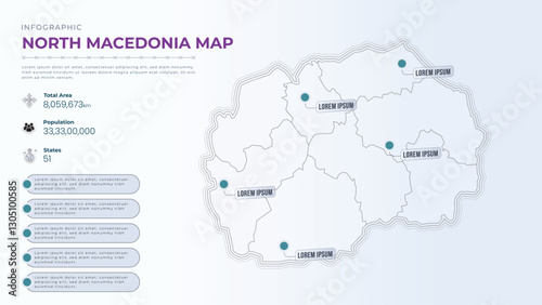 Total Area, Papulation, States & More Detailed Infographic Map of North Macedonia. North Macedonia country map infographic colored vector template with regions and pointer marks.