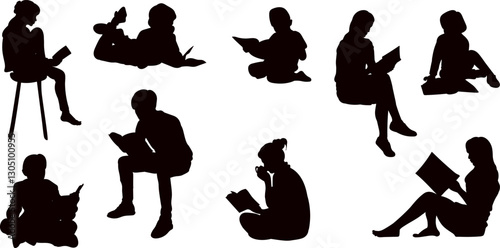people reading books set of black silhouettes, vector