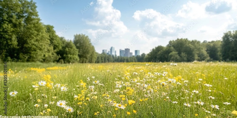Obraz premium Urban Oasis: A vibrant cityscape peeks from beyond a lush field of wildflowers under a bright sky, merging nature with modern life, creating a scenic contrast.