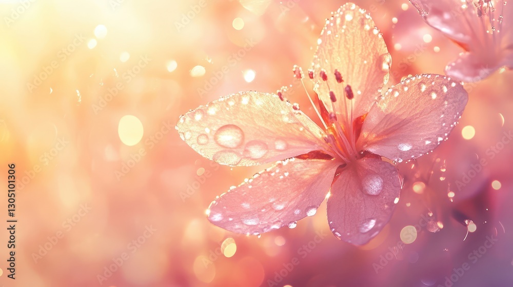 Abstract morning dew wallpaper with flower petals covered in dewdrops refracting sunrise colors into a glowing backdrop Abstract morning dew wallpaper with flower petals covered in dewdrops refracting sunrise colors into a glowing backdrop