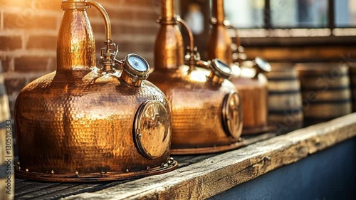 Craft distilling equipment shining in warm sunlight at a rustic distillery