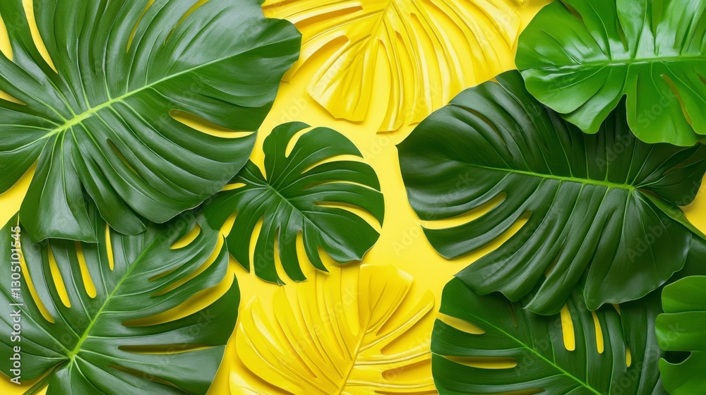 Naklejka premium Vibrant green tropical leaves arranged on a yellow background. Lush foliage creates a summery, refreshing mood. Flat lay, top view.