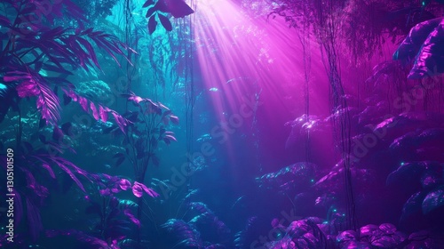 Bioluminescent trees and glowing vines twist through a neon jungle illuminated by soft pulsating light