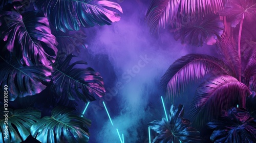 Neon jungle with oversized tropical leaves in purple light misty vapor swirling in the background