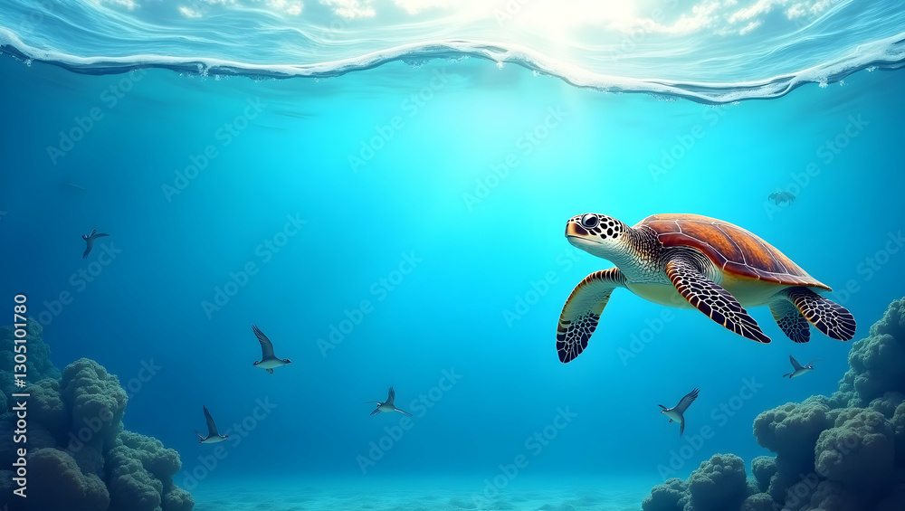 Naklejka premium Sea Turtle and Ocean Waves Border Frame for World Wildlife Day