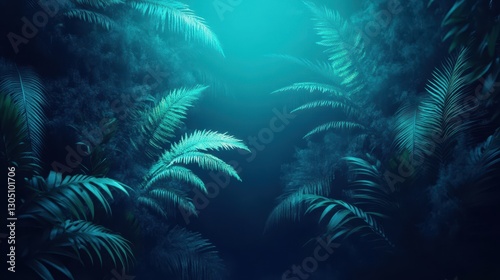 Futuristic neon jungle with luminous vegetation and glowing cyan ferns in dark misty ambiance