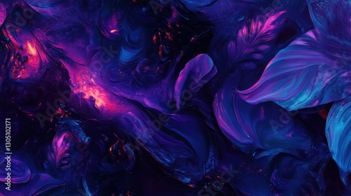 Psychedelic neon jungle with misty glowing foliage painted in ultraviolet and cyan luminescent petals falling like glowing embers