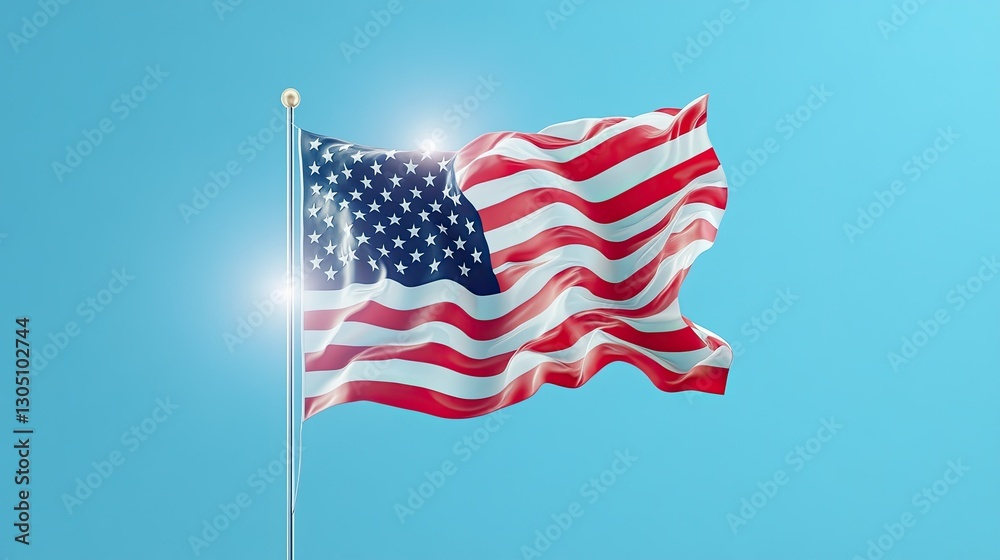 Fototapeta premium The American flag waving majestically against a clear blue sky with sunlight shining through.