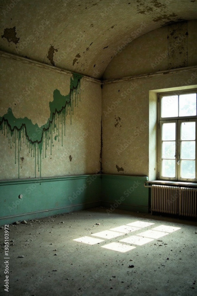 A forgotten room, walls stained with the ghost of green paint, a sunlit floor, and a weathered radiator tell a silent story of past occupancy A forgotten room, walls stained with the ghost of green paint, a sunlit floor, and a weathered radiator tell a silent story of past occupancy