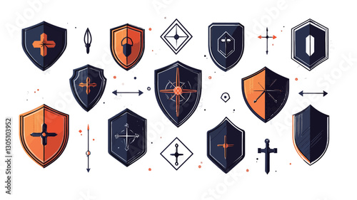 A digital illustration featuring a collection of various shield icons and symbols.  The shields are depicted in a flat, minimalist style, primarily in shades of dark blue and orange.  Each