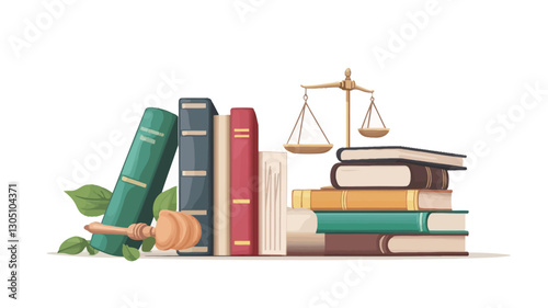 A digital illustration depicting a stack of books of varying colors and sizes, positioned next to a smaller stack of books.  A golden scale of justice is situated between the two stacks.
