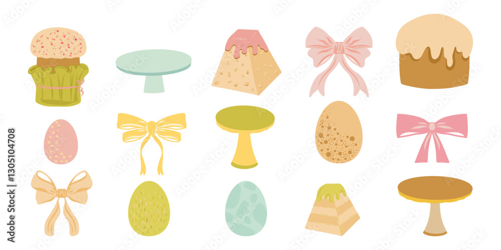 Easter cakes, cake stands, easter eggs, bow ties set. Easter set for poster, card, scrapbooking, stickers. Easter cakes, cake stands, easter eggs, bow ties set. Easter set for poster, card, scrapbooking, stickers.