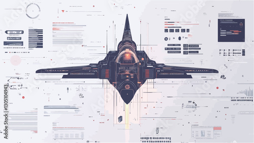 Top-down digital illustration of a sleek, dark-colored futuristic aircraft positioned centrally against a background of technical diagrams, schematics, and data displays. The aircraft