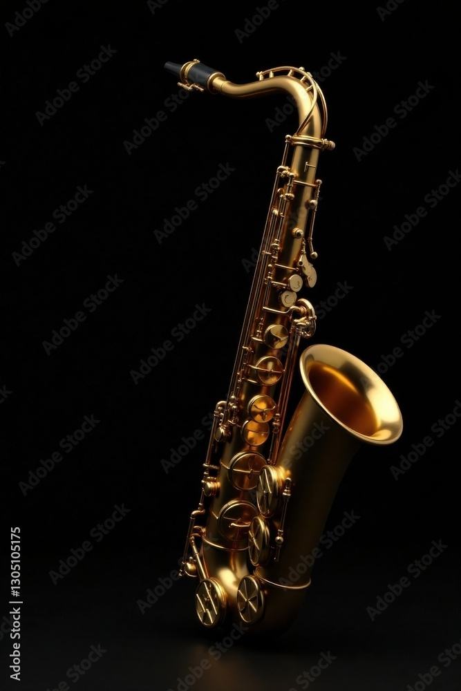 Obraz premium A Gleaming Gold Saxophone, a Symbol of Musical Elegance and Sophistication, Rests Against a Deep Black Background